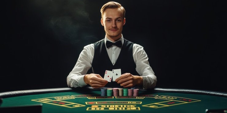Live-dealer studio setup with multi-camera angles showing a baccarat table and dealer interaction